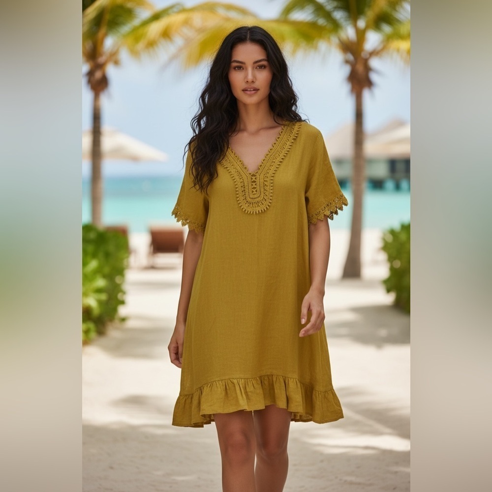 Linen Mustard Yellow Mini Dress Tunic V-neck Crochet Boho Euro Summer M/L Italy
